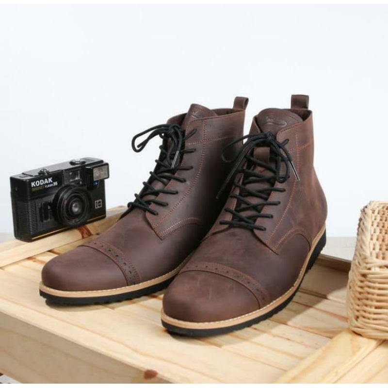 Sepatu Boots pria kulit asli sepatu kulit Crazy horse Boston model vintage