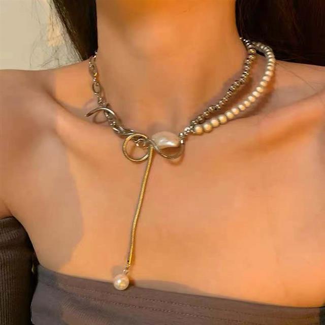 Super Titanium steel kalung! Ins gaya pribadi panjang mutiara jahitan kalung wanita hip-hop aksesori