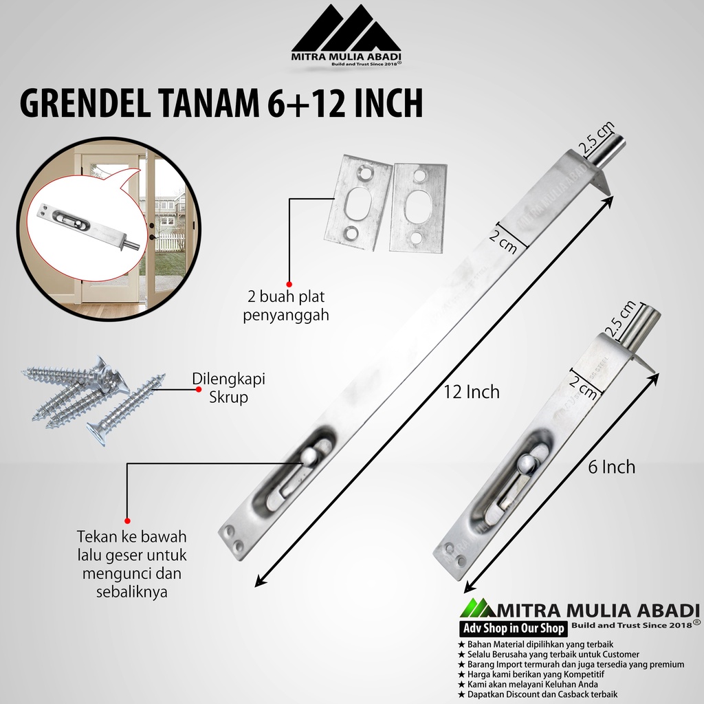 Grendel Tanam Set 6&quot;+12&quot; Alumunium l Slot Pintu l Selot l Flush Bolt