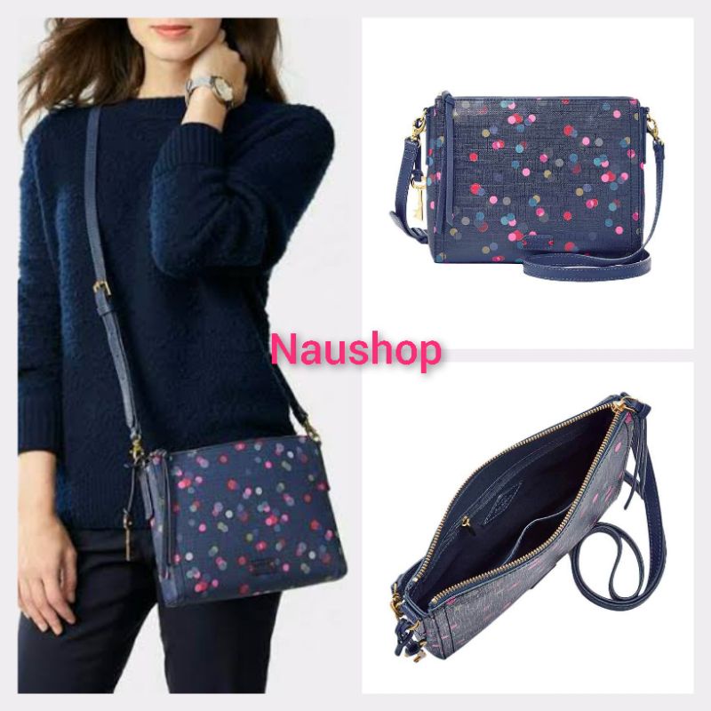 Tas Fossil Original Emma EW Crossbody Sling Bags Wanita - Navy Dot Multi