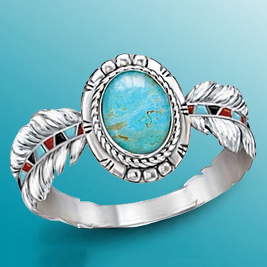 Hu Hu Hu Hu Hu Alat Bantu Pasang Kacamata♡ Cincin Desain Bulu Elang Aksen Turquoise Gaya Etnik Vintage Untuk Wanita