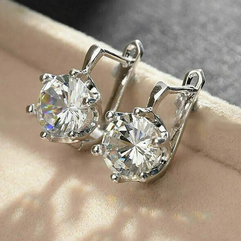 Anting Hoop Cubic Zirconia Bentuk Bulat Warna Silver Untuk Wanita