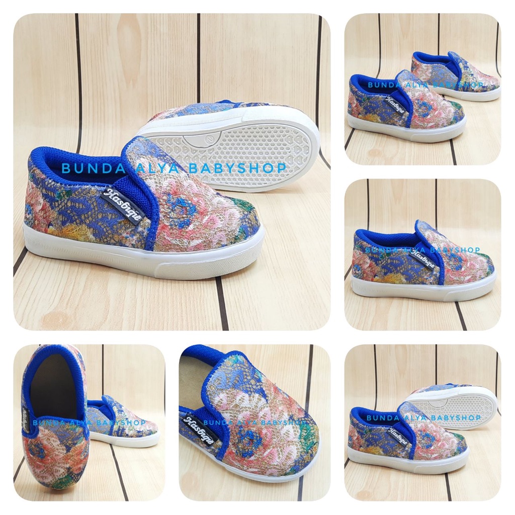 Sepatu Anak Perempuan Umur 1 - 4 Tahun BIRU Sepatu Anak Cewek Slip On Bordir Bunga Size 22 -30 Alas Karet AntiLicin