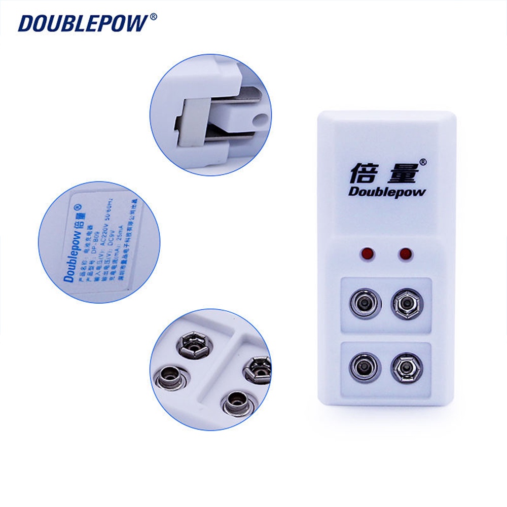 DOUBLEPOW Charger Baterai 2 Slot 9V + Battery Baterai Kotak 9V 280mAh