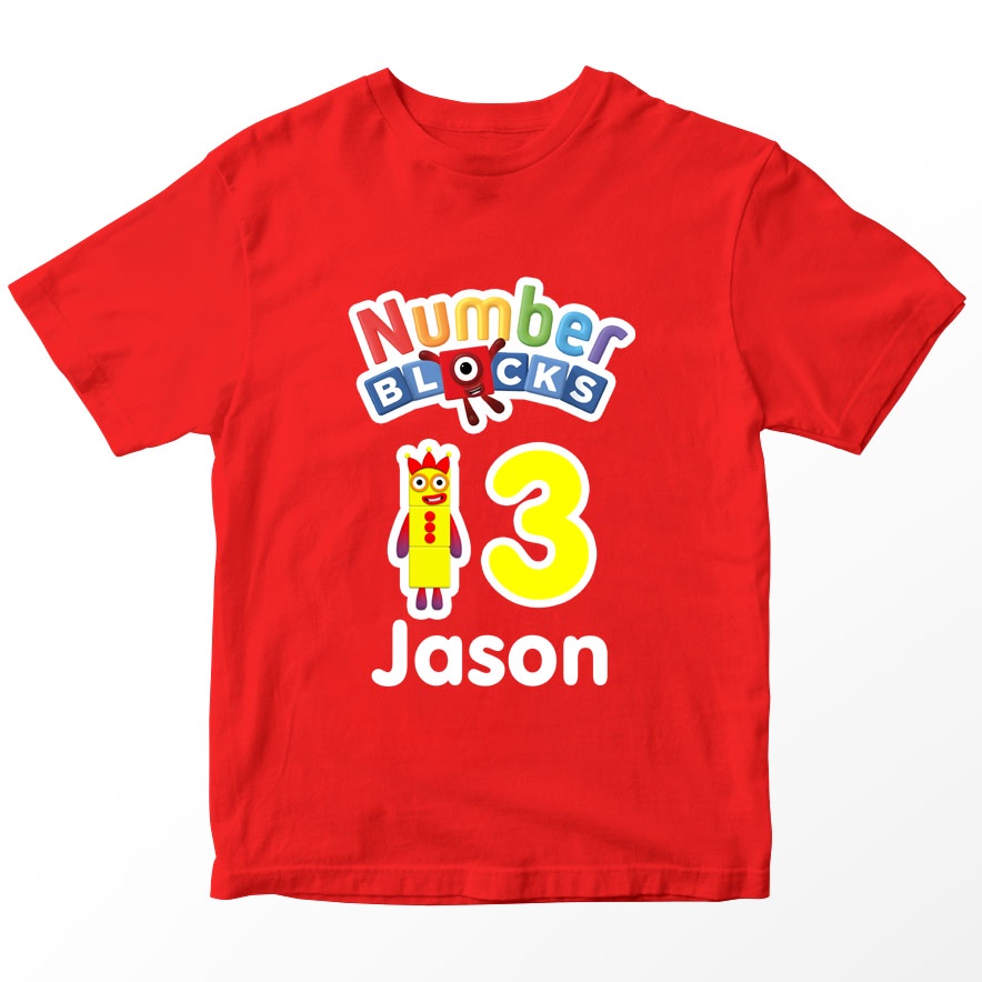 Kaos Number Blocks Birthday Umur 3 Tahun Custom Nama Anak
