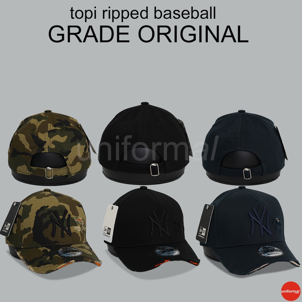 Topi Grade ORI Import Baseball Hat Damage Ripped Sobek NY , Topi Bisbol Cap Loreng Camo, Biru Hitam Pria Dewasa Ori Distro, YN Murah Premium 100% Anak Laki Wanita Unisex Bordir Polos Besball Bassball Basball