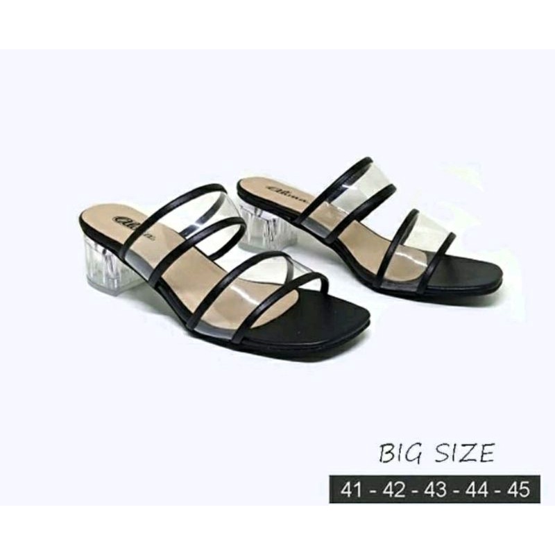 Higheels Selop Kaca ALN-109 Black / Heels Kaca Transparan Modis Big Size 41-45 Ukuran JUMBO Banget, 44