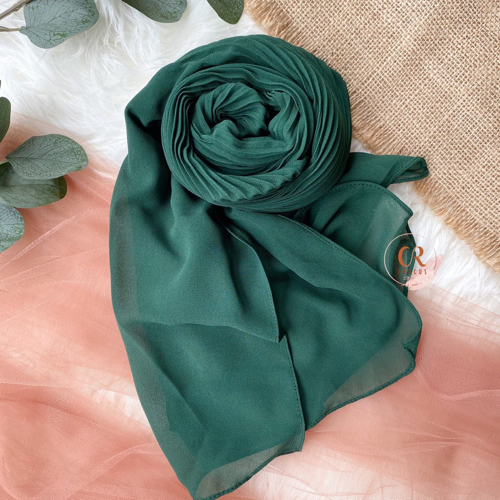 [𝐂𝐫𝐨𝐜𝐮𝐬] (180 * 60cm) Pashmina Plisket Ceruty Baby Doll / Pasmina Pleated Hijab Kerudung-Shawl Full-GREEN BTL