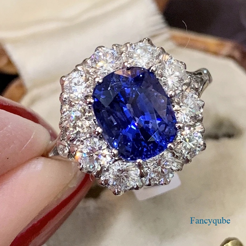 Fancyqube Cincin Cubic Zirconia Warna Biru Tua Bahan Silver Untuk Wanita