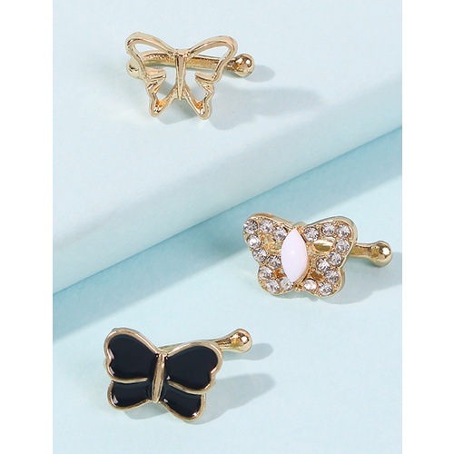 LRC Anting Jepit Fashion Golden Alloy Diamond Butterfly Ear Clip Set V36077