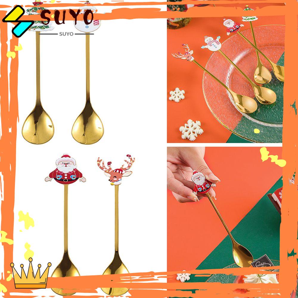 Suyo 4Pcs / Set Sendok Aduk Teh Bahan Stainless Steel Tema Natal Untuk Anak