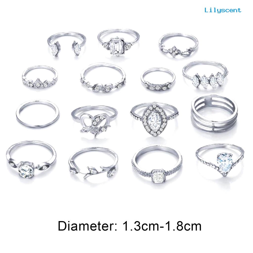 Ls 15Pcs / Set Cincin Susun Gaya Bohemia Hias Berlian Imitasi Untuk Wanita