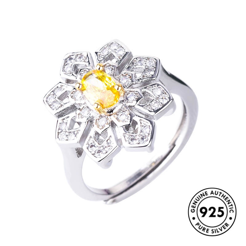 Cincin Silver S925 Bentuk Kepingan Salju Aksen Berlian Warna Kuning Untuk Wanita