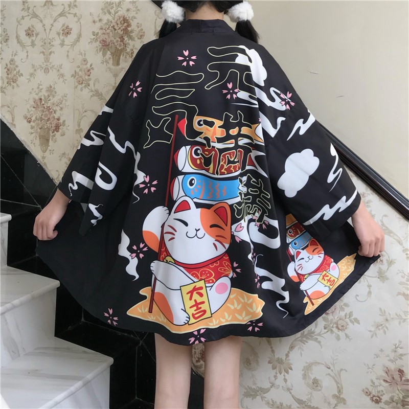 HAORI KIMONO OUTER PRIA COWOK / OUTER / CARDIGAN / HAPPI / LOOSE KIMONO 28 NEKO 02 BLACK / RED