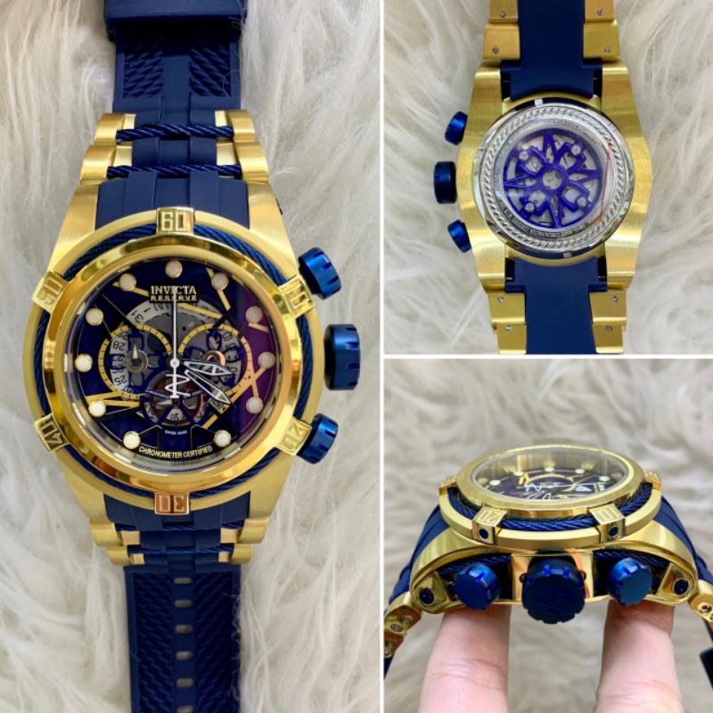 Real Pic - Jam tangan pria INVICTA RESERVE Ring Gold Plat Biru Strap karet PREMIUM