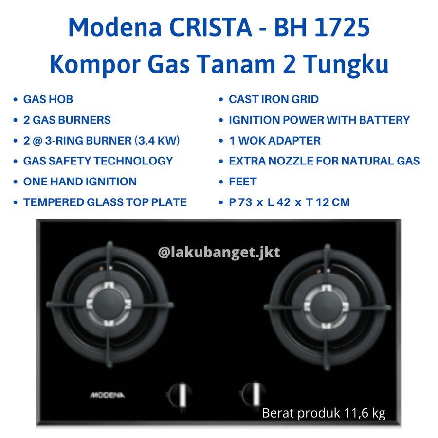 Modena CRISTA - BH 1725 / Kompor Gas Tanam 2 Tungku Modena BH-1725