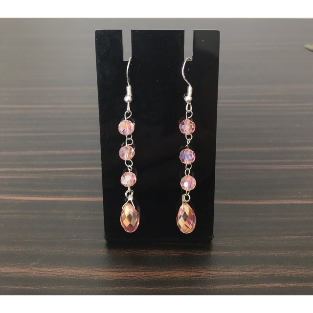 Anting swarosvki silver panjang jurai korea tassel Import E03 pink shadow chrystal