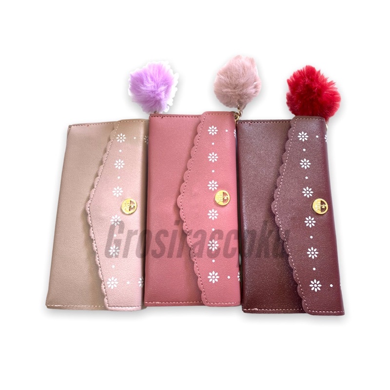 Dompet Wanita Panjang modern + Gantungan Pom pom Satuan murah meriah