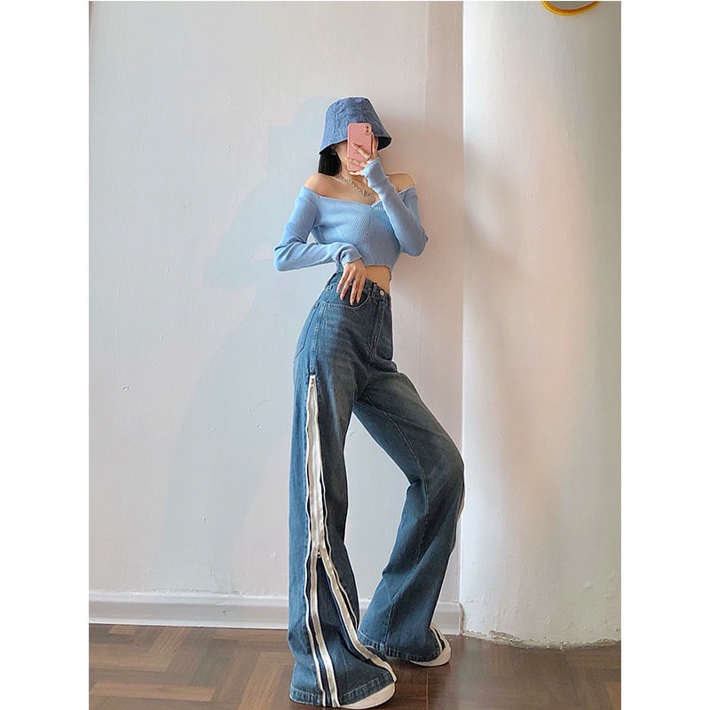 Suhao Double Side Zipper Wide Leg Jeans Celana Panjang Wanita Straight Trap Flared Pants Desain Sense Small High Street Pants