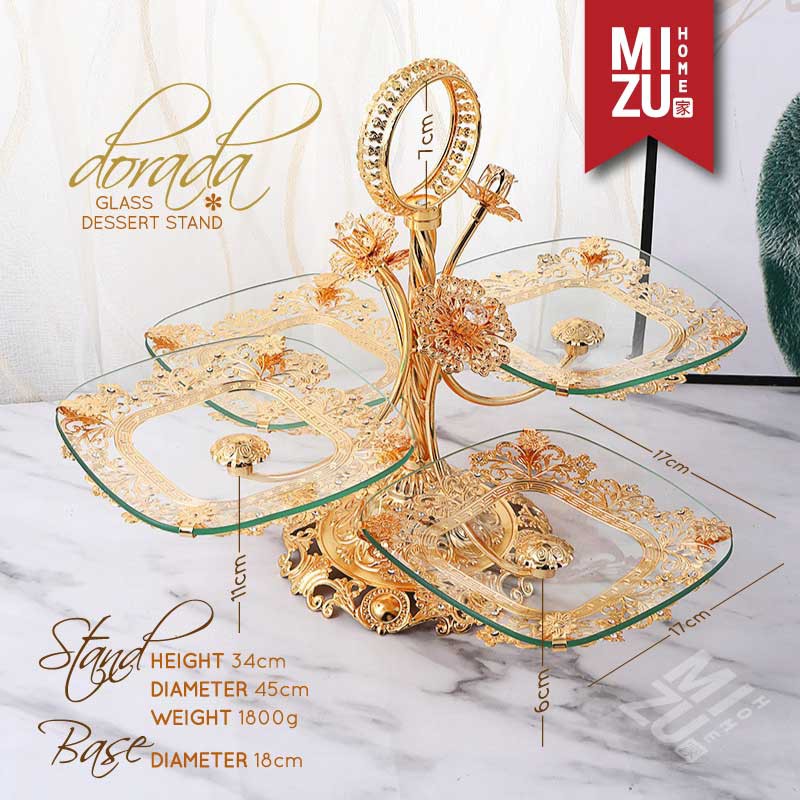 MIZU DORADA Glass Dessert Stand Cupcake Stand Snack Tower Menara Kue Emas Piring Kaca Susun Dekorasi-4