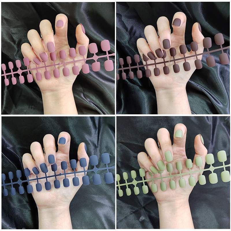 24pcs Kuku Palsu Warna Matte Bentuk Bulat Panjang Dapat Dilepas Untuk Nail Art