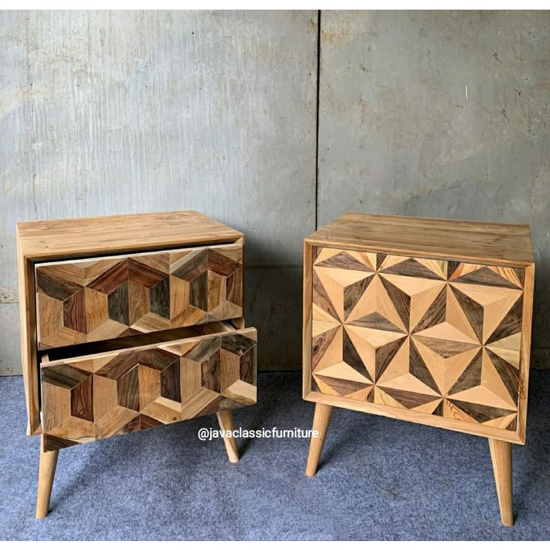 NAKAS RETRO MOTIF MINIMALIS UNIK BEDSIDE TABLE LACI 2 PUK SAMPING TEMPAT TIDUR BAHAN KAYU JATI FINISHING NATURAL FURNITURE JEPARA-4