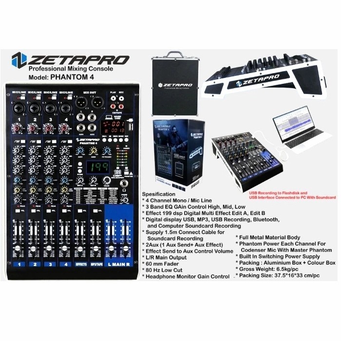 mixer audio zetapro phantom 4 channel Usb Bluetooth Original