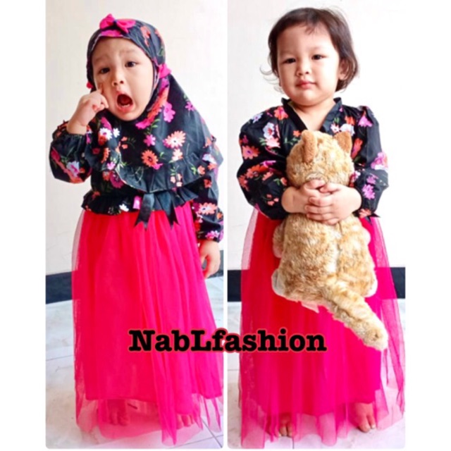 Gamis set hanbok anak tutu plus jilbab dress tutu untuk anak usia 1-8 tahun