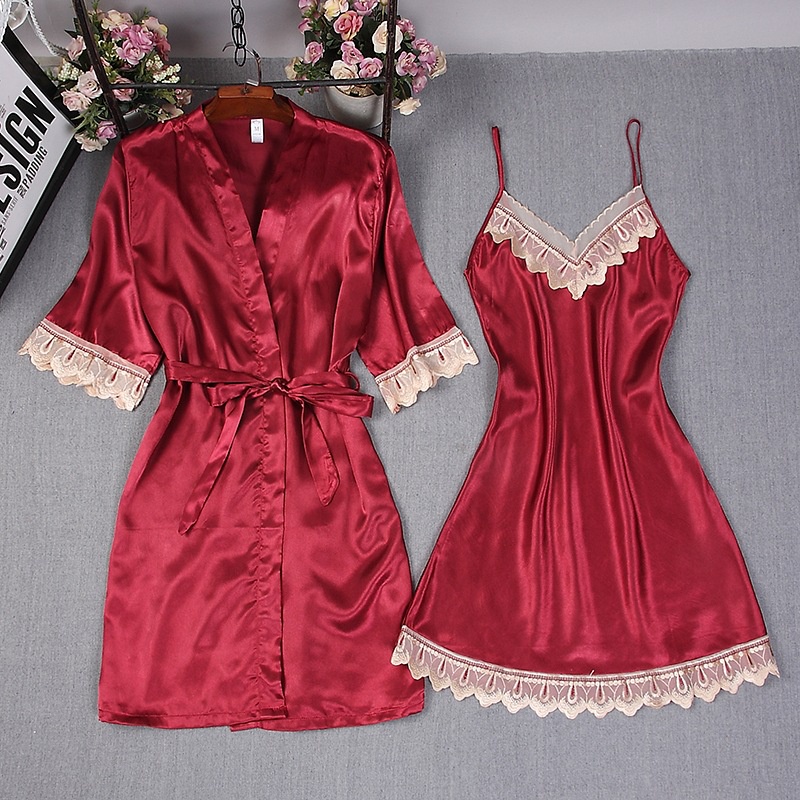 Suspenders Pajamas Women's Summer Sexy Ladies Nightdress +Night-robe 2pcs