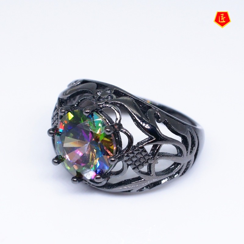 [Ready Stock]Fashion Colorful Moissanite Hollow Ring Creative Black Gold