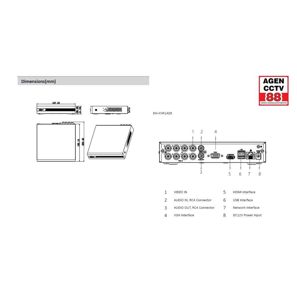 DVR DAHUA 8 Channel / 8CH DH-XVR1B08-I Full HD 1080p 2MP FREE HDMI + LAN