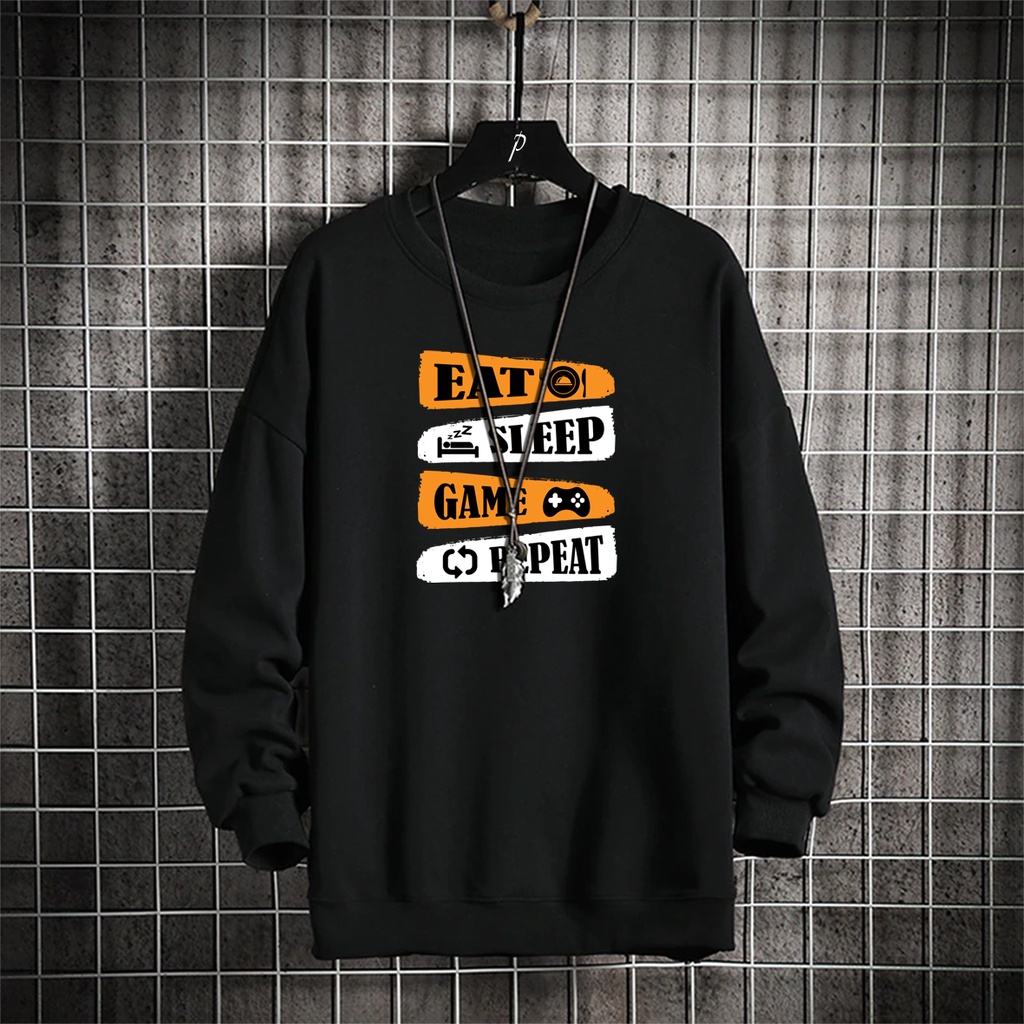 Sweater oblong pria EAT SLEEP GAME REPEAT sweter cewek cowok murah trend
