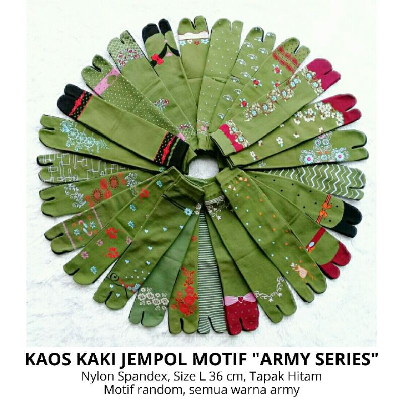 Kaos Kaki Jempol Wanita Muslimah Motif &quot;Army Series&quot;, Seragam Warna Hijau Army, Nylon Spandex Size L