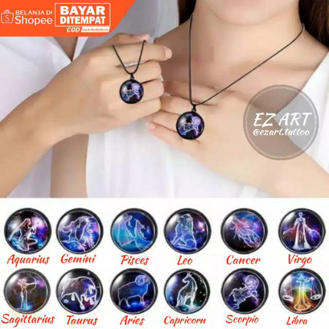 KALUNG ZODIAK 12 ZODIAC HOROSCOPE KONSTELASI LIONTIN TALI KULIT PREMIUM QUALITY