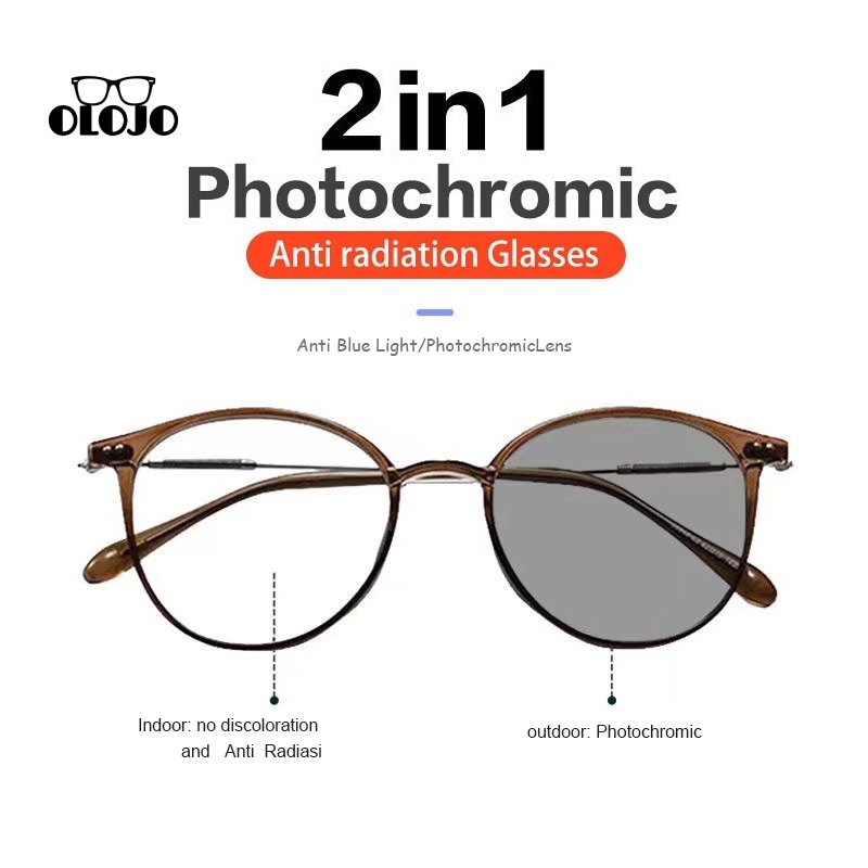 COD Kacamata Photocromic Anti Radiasi Anti Blue Ray Transition Metal Untuk Pria Dan Wanita Bentuk Bulat Retro Eyeglasses- ol2