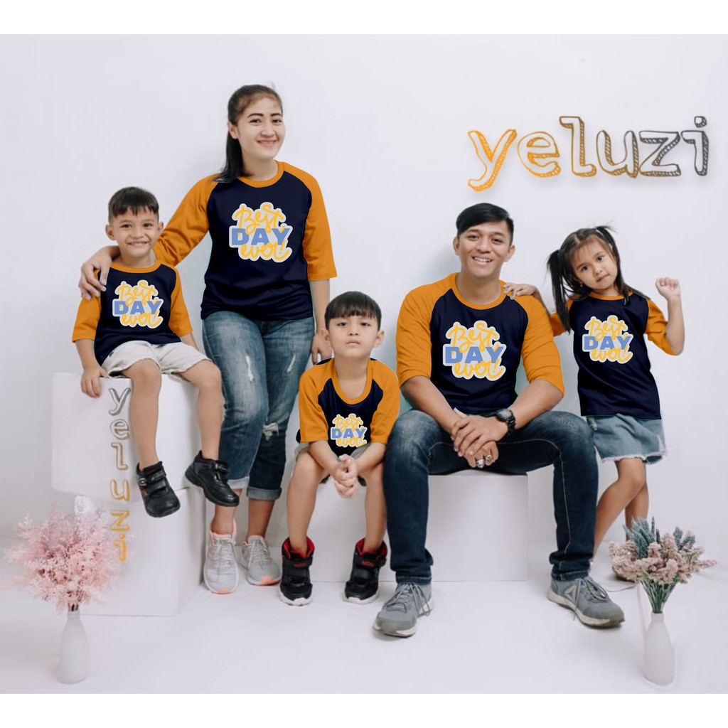 Kaos Raglan Couple sarimbit keluarga Best Day Navi Kuning yeluzi