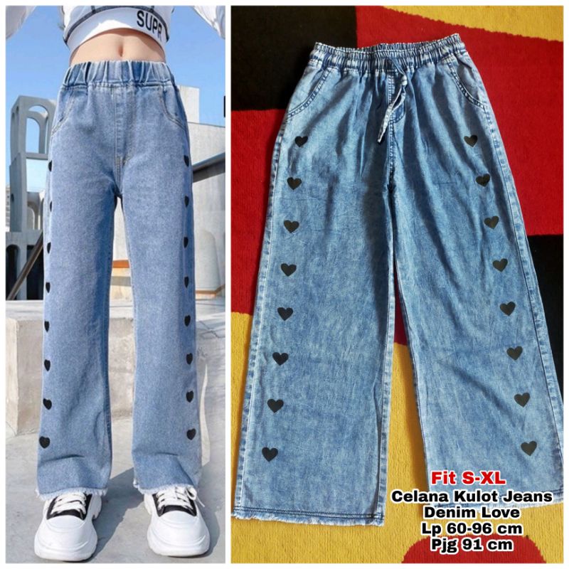 Celana Kulot Jeans Rawis Wanita Motif Love Fit S-XXL / Celana Jeans Wanita Kekinian