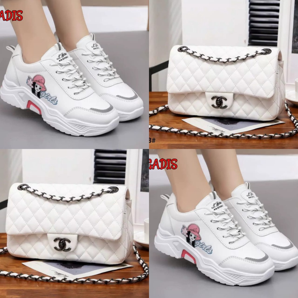 paket sneakers dan tas wanita model rantai