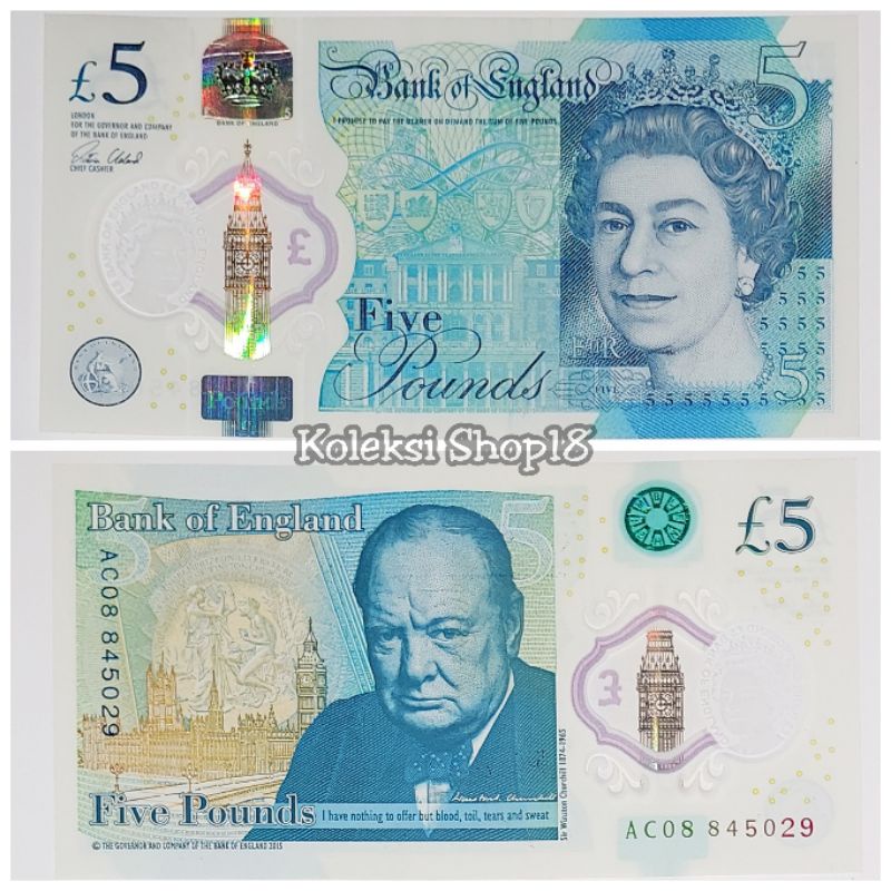 Koleksi Poundsterling Inggris Pecahan 5 Pounds Bahan Polymer