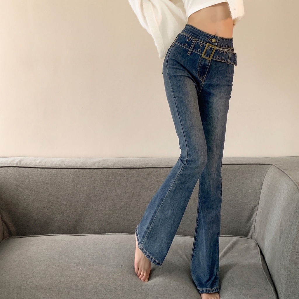 celana jeans pinggang tinggi wanita cerobong asap ahli wide belt jeans women s high waist flare pant