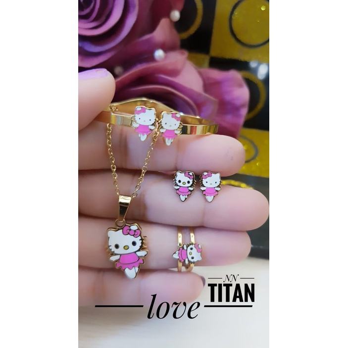 Set Perhiasan Titanium Anak Kalung Anting Gelang dan Cincin