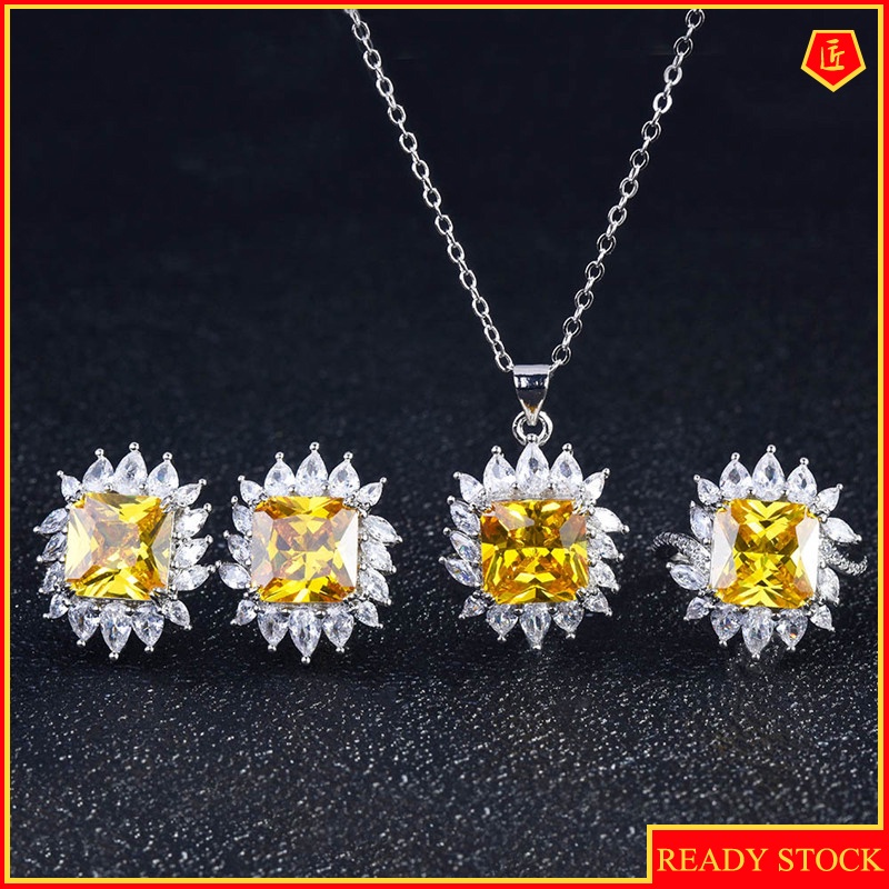 [Ready Stock]Luxury Yellow Diamond Argyle Pink Diamond Rings Ear Stud Necklace Set