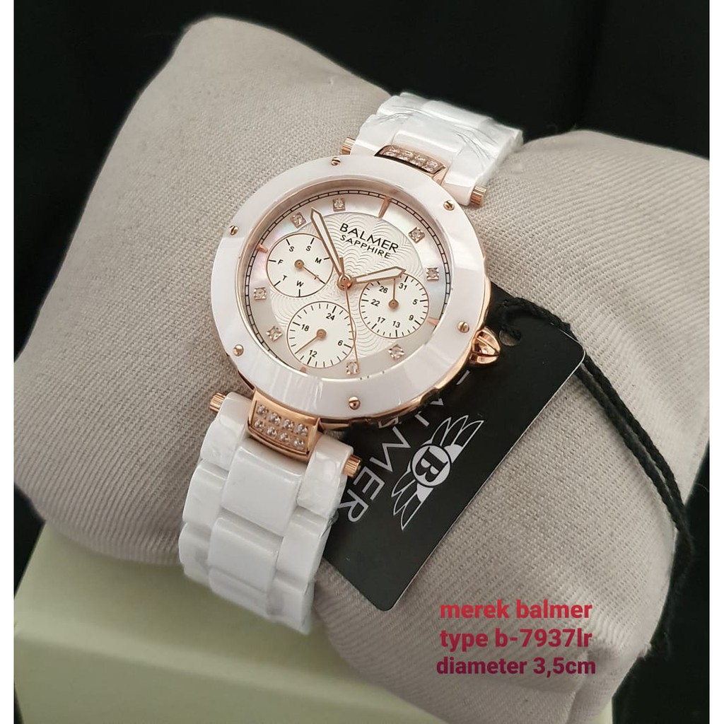 Jam Tangan Balmer Fasion Cewek Wanita Full Keramik Ceramic Kaca Safir B-7937LR Putih Rosegold