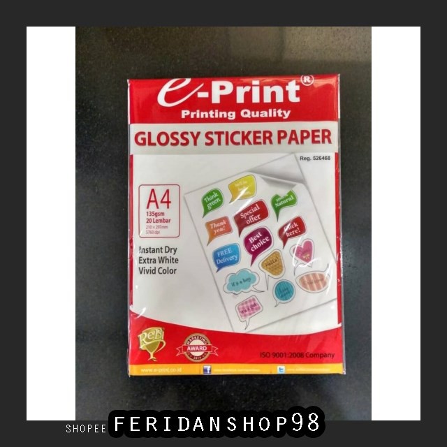 

FS97 STIKER GLOSSY STICKER PHOTO ATK PAPER A4 135 GSM ISI 20 LEMBAR KERTAS STIKER BY FERIDANSHOP98