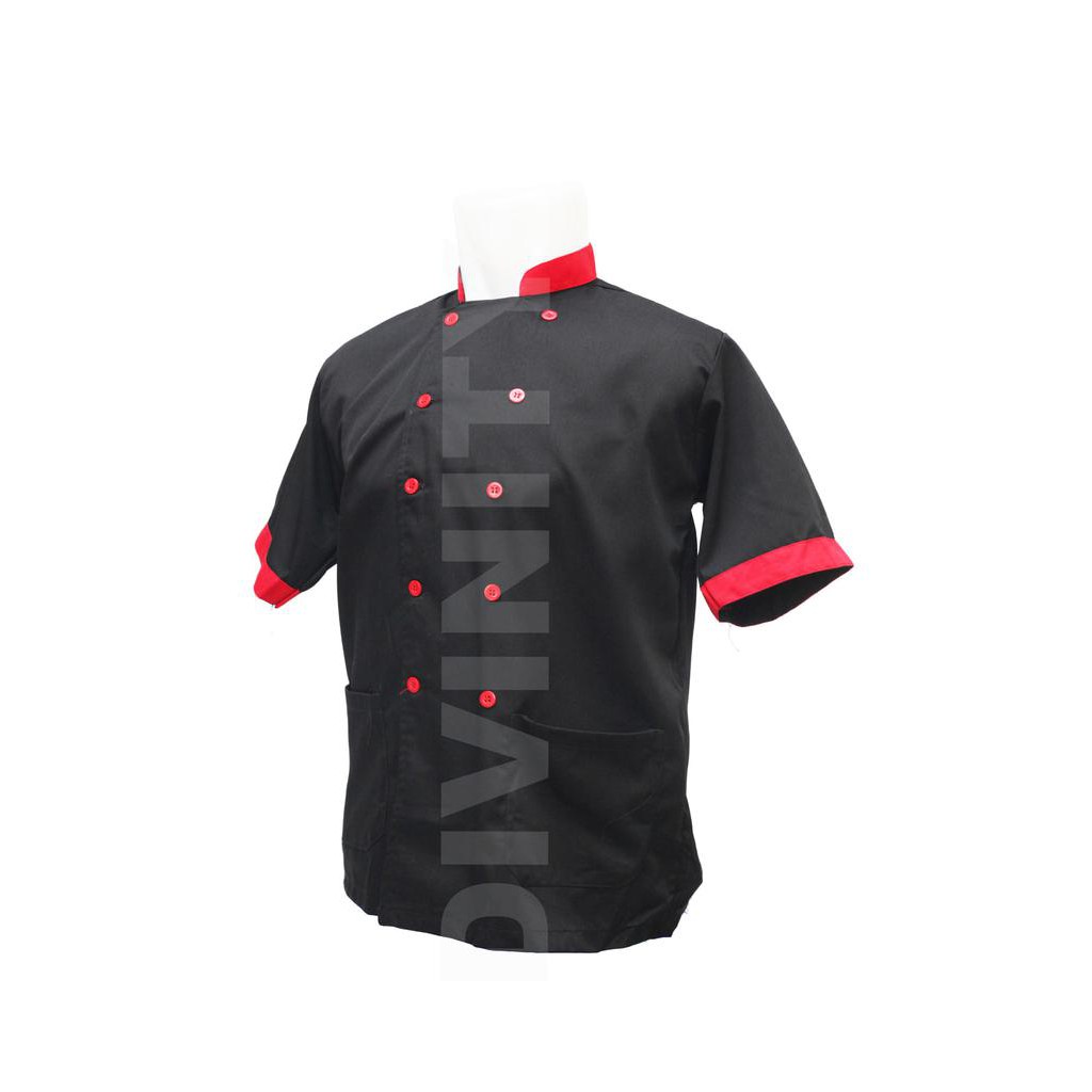 Paling murah!! BAJU KOKI CHEF UKURAN JUMBO HITAM TANGAN PENDEK PRIA  LIST MERAH