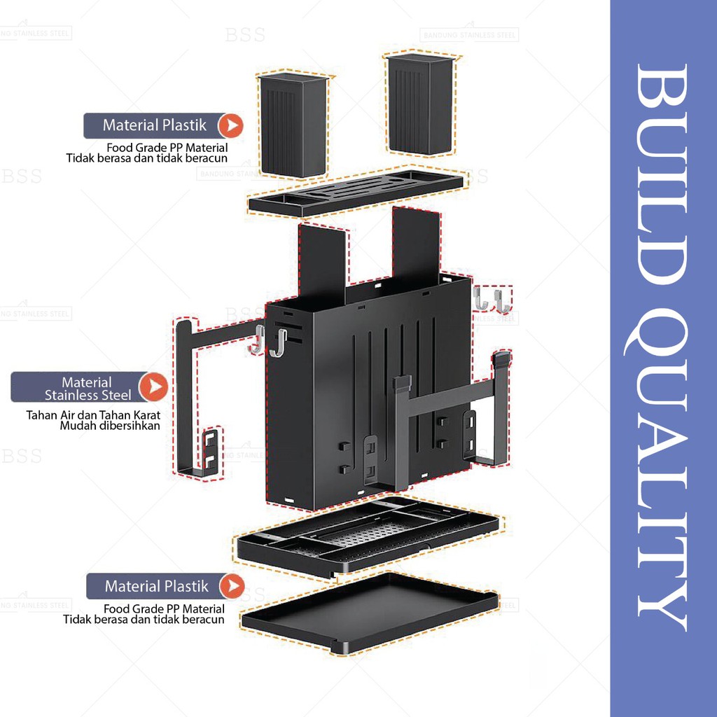 Rak Dapur Pisau Gantung Alat Masak Telenan Tutup Tempat Sendok Stainless  Anti Karat Hitam Black Dof