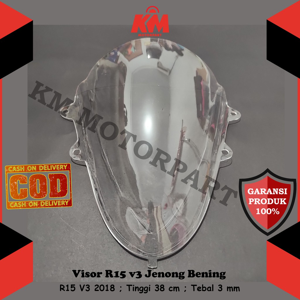 Visor R15 V3 2018 Full Jenong Hitam dan Bening Tebal 3 mm Bahan Kaca Mika Akrilik Tinggi 38 cm