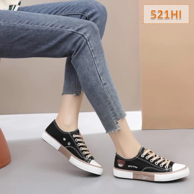 Sepatu Sneakers Wanita Tali Terlaris AS 167 Cewek Whybear Lite Sole 3 cm Hitam Putih (521)