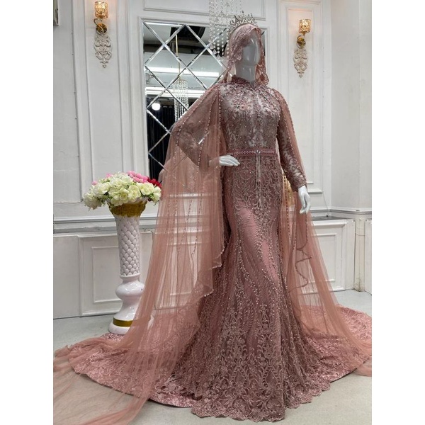 GAUN SLIM WEDING DRESS BUNGA' 3D/ GAUN  PREMIUM  BEREKOR/GAUN WEDDING PAYET MUTIARA/GOWN MODEREN