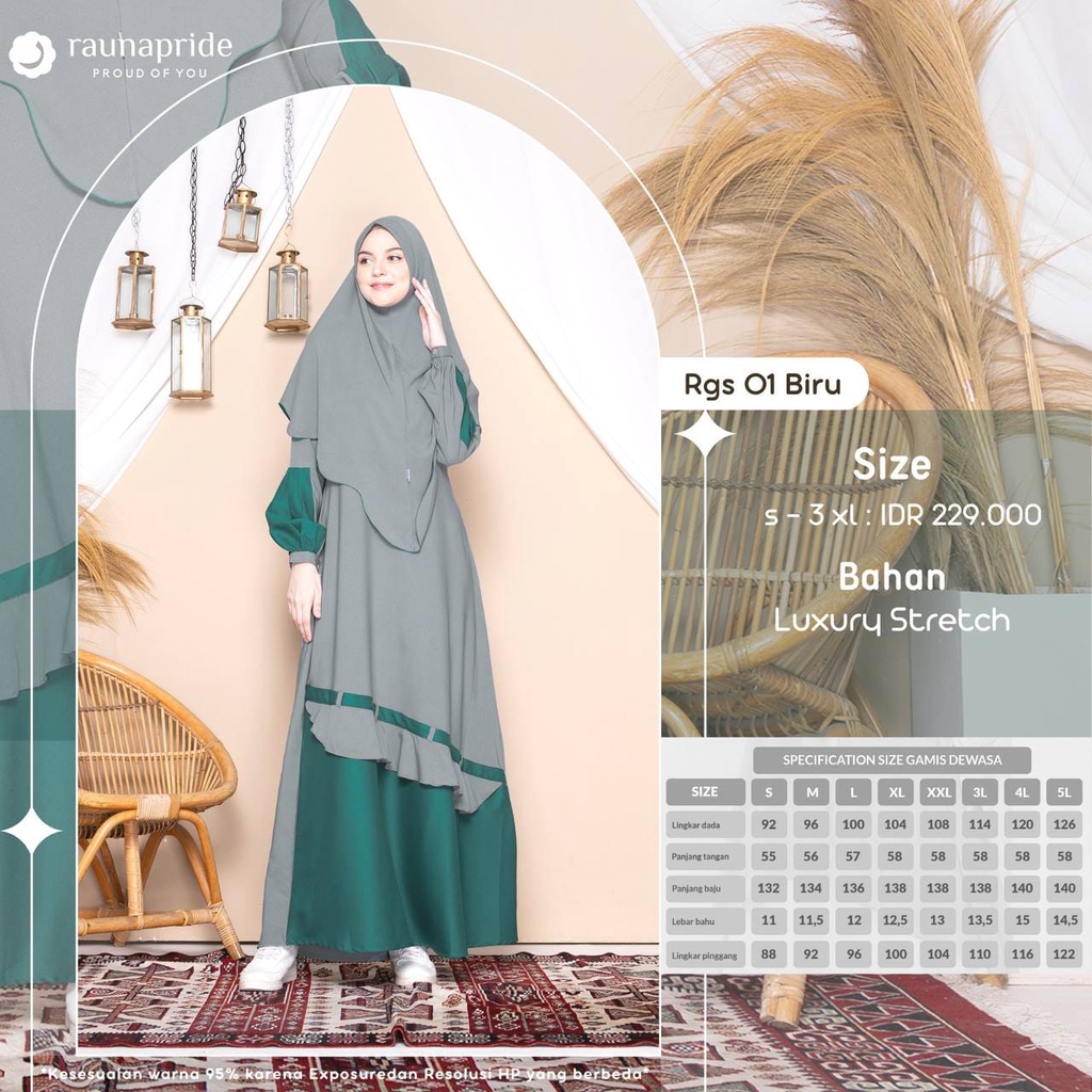 RAUNA GAMIS DEWASA RGS 01 BIRU / GAMIS SYARI SET HIJAB / GAMIS DEWASA TERBARU 2022 BY RAUNA 100% ORI